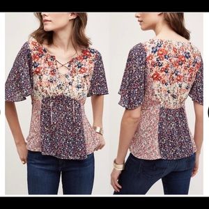 Anthropologie Faith Lace-up Floral Blouse